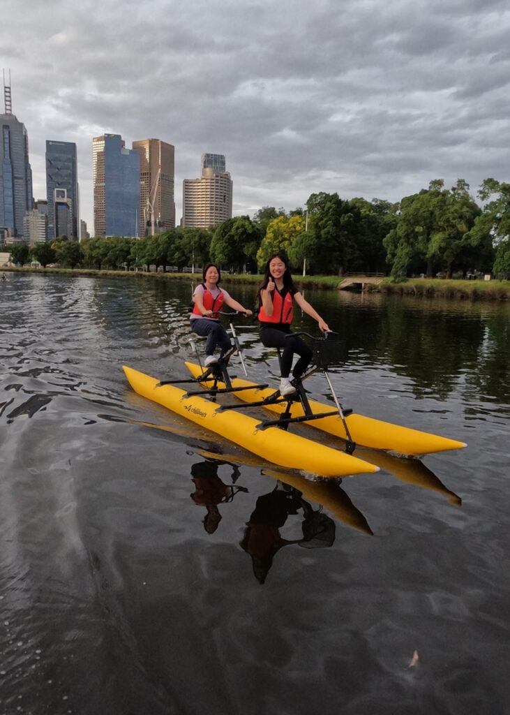 Tandem waterbiking on the Yarra River in Melbourne
